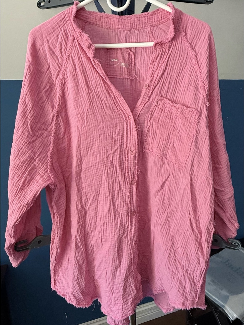 Aerie Pink Cotton Gauze Oversized Button Down Shirt Raw Hem S